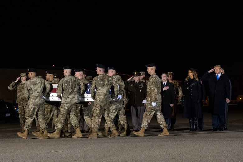 A U.S. Army carry team transfers the remains of Chief Warrant Officer 2 David C. Knadle of Tarrant, Texas, during a dignified transfer Nov. 21, 2019, at Dover Air Force Base, Del. Knadle was assigned to 1st Battalion, 227th Aviation Regiment, 1st Air Cavalry Brigade, 1st Cavalry Division, Fort Hood, Texas. (U.S. Air Force photo by Roland Balik)