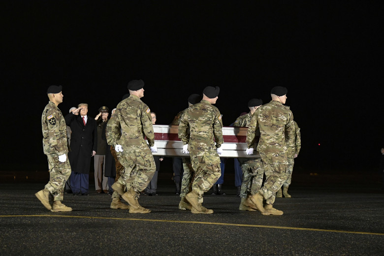 A U.S. Army carry team transfers the remains of Sgt. 1st Class Antonio R. Rodriguez, of Las Cruces, N.M., Feb. 10, 2020 at Dover Air Force Base, Del. Rodriguez was assigned to the 3rd Battalion, 7th Special Forces Group (Airborne), Eglin Air Force Base, Fla. (U.S. Air Force Photo by Senior Airman Eric M. Fisher)