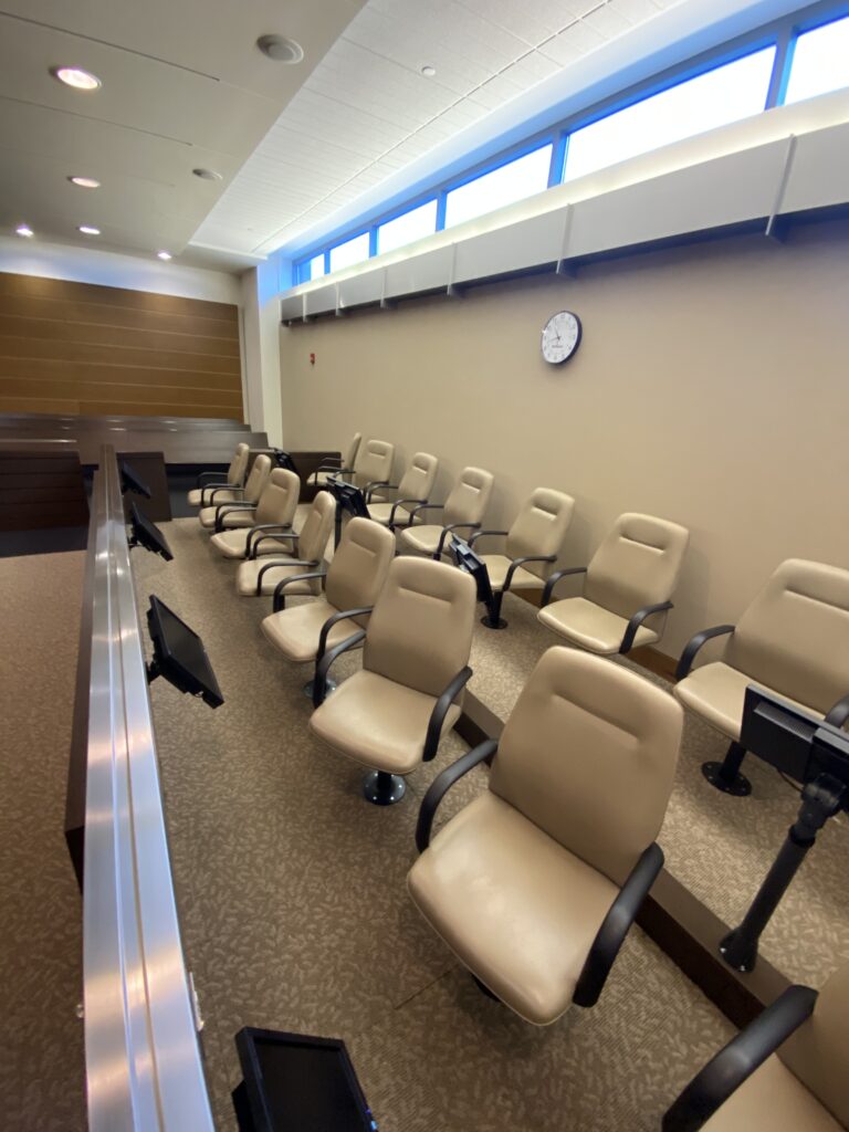 A jury box at the New Castle County Court House in Wilmington (photo courtesy, Delaware Judiciary)