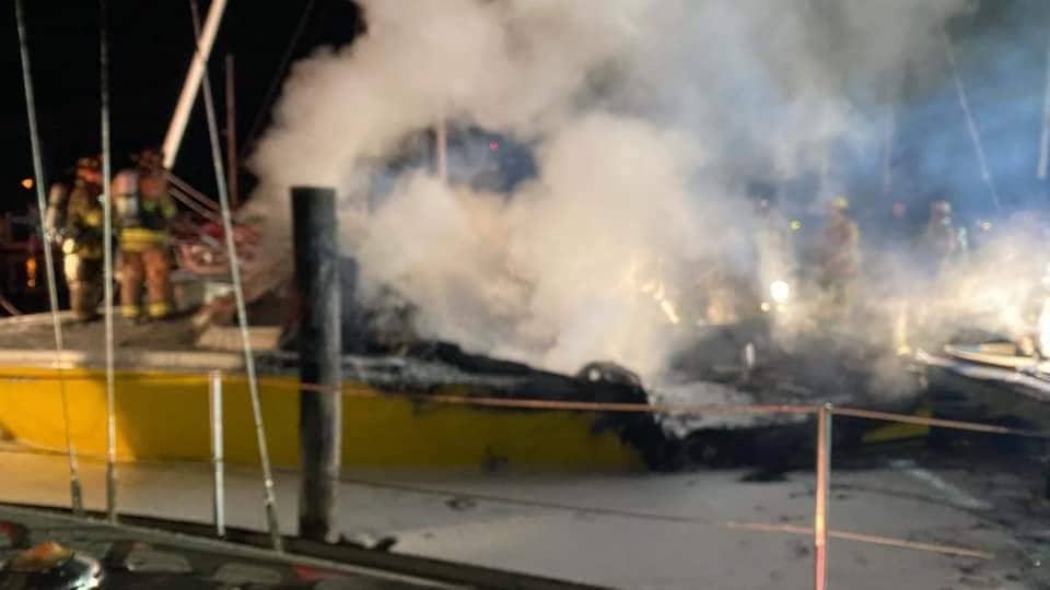 Boat fire, Cambridge (photo courtesy, Maryland State Fire Marshal's Office)