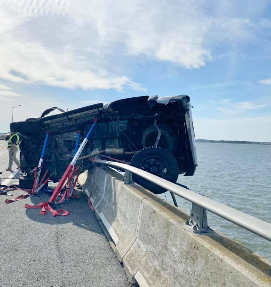 A crash on the Route 90 bridge Sunday resulted in an infant being thrown into the water. A Good Samaritan rescued the child. 7 other people were hurt. Photo courtesy of the Ocean City Fire Dept.