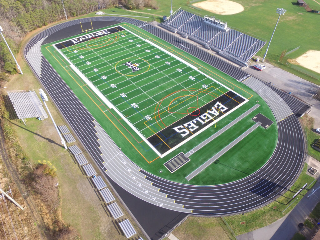 Sussex Technical High School’s track will receive a resurfacing with grey transition zones like those in this example image. Photo courtesy of Sussex Tech