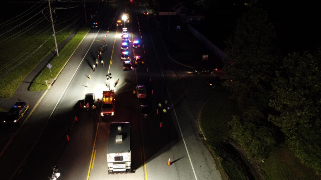 DUI checkpoint, Fri. July 2nd, Route 72 and Old Baltimore Pike. Photo courtesy of DelDOT UAS drone pilots