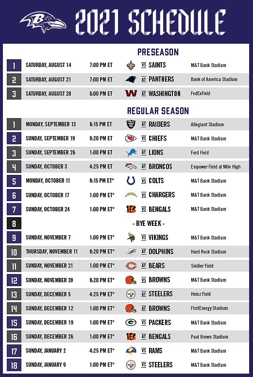 2021 Ravens Schedule