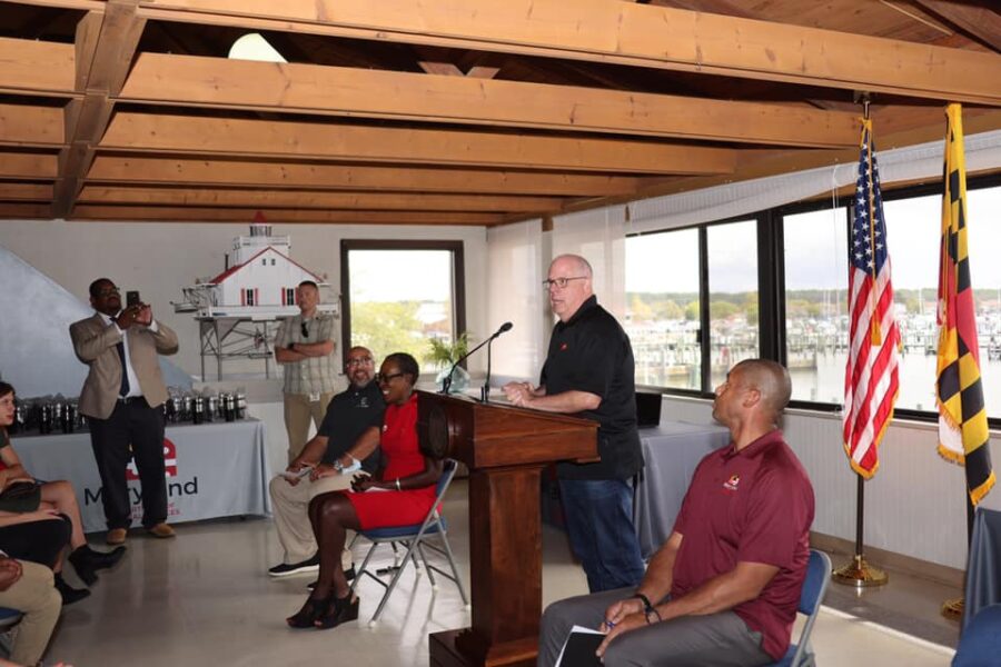 Governor Larry Hogan visited Crisfield Wednesday to announce a donation of laptop computers for Eastern Shore nonprofits (photo courtesy of Governor Larry Hogan's office)