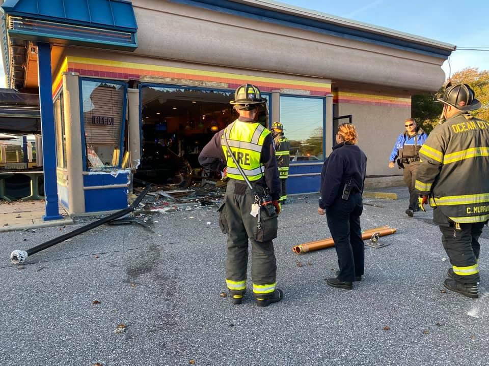 A vehicle crashed into the Little House of Pancakes, Ribs and Pizza in Ocean City Thursday morning. Photo shared by the Ocean City Fire Dept. on Facebook