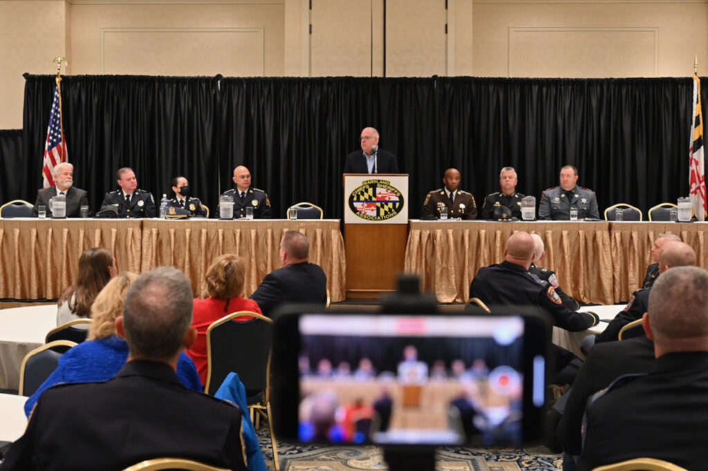 Governor Hogan spoke Monday at a conference of the Chiefs of Police Association and Sheriffs Association in Ocean City (photo courtesy of Gov. Larry Hogan's Office)