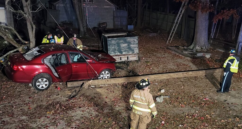 A car crashed into a pole in the Long Neck area over the weekend, and the driver was charged with DUI (phot courtesy of Indian River Volunteer Fire Company)