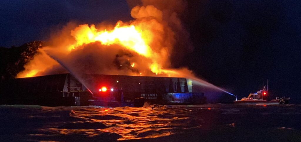 Memorial Fire Company Station 89 was among local fire companies that responded to a barge fire near Delaware Bay early Monday (photo courtesy of Memorial Fire Company Station 89, Slaughter Beach)