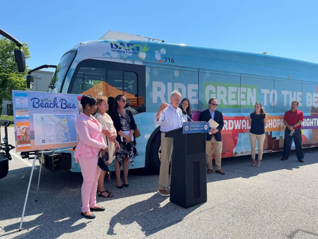 Senator Tom Carper and others gathered at the Rehoboth Park & Ride for a grant announcement Tuesday (photo shared by Sen. Tom Carper on Twitter)