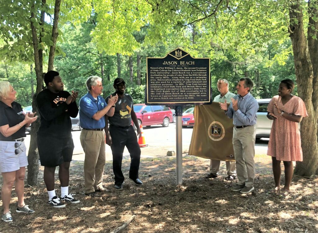 A historical marker designating Jason Beach was unveiled Monday at Trap Pond State Park (photo courtesy of DNREC)