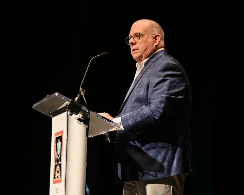 Governor Larry Hogan addressed the Maryland Municipal League at its summer conference in Ocean City (photo shared by Gov. Larry Hogan's office on Facebook)
