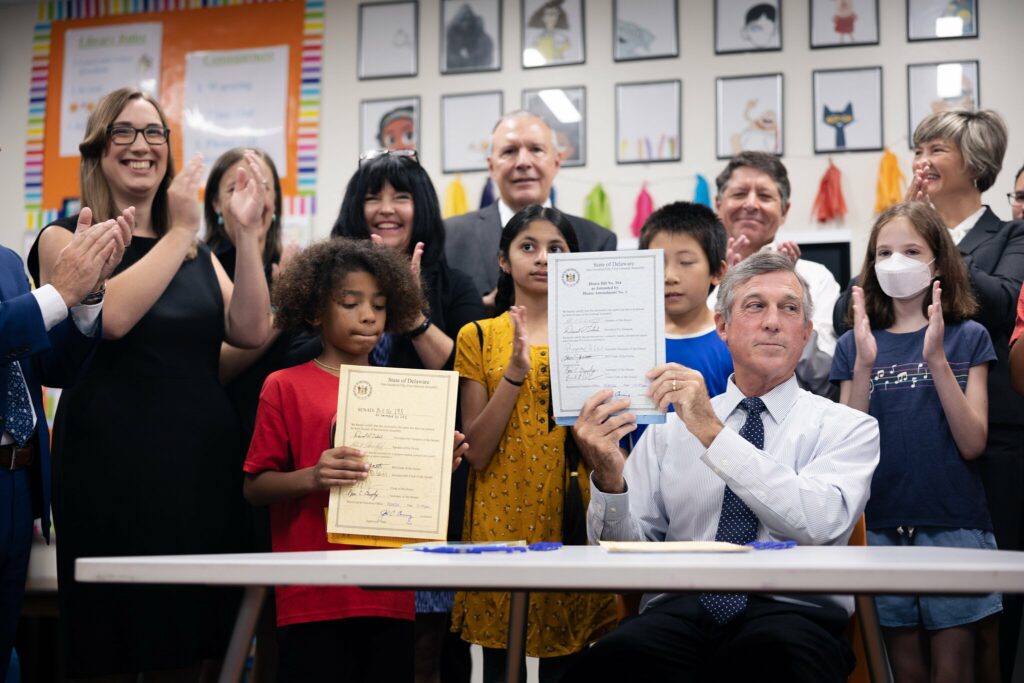 Gov. Carney signed several education-related bills Monday (photo courtesy of Delaware State House Democratic Caucus)