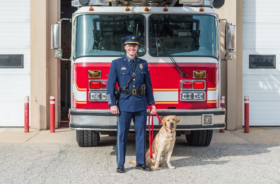 Deputy State Fire Marshal Michael Pfaffenhauser and K-9 PJ are a fire investigation accelerant detection team with the Delaware State Fire Marshal’s Office. K-9 PJ, a Yellow Labrador Retriever, and Deputy Pfaffenhauser were trained during a 4-week class in Concord, New Hampshire by Maine Specialty Dogs and certified as a team by the Maine State Police in April 2022. K-9 PJ is specially trained to sniff out ignitable liquids that may be used to start or spread a fire. Deputy Pfaffenhauser and K-9 PJ will also perform demonstrations for schools and other organizations. As a team Deputy Pfaffenhauser and K-9 PJ are proud to serve the entire state of Delaware.