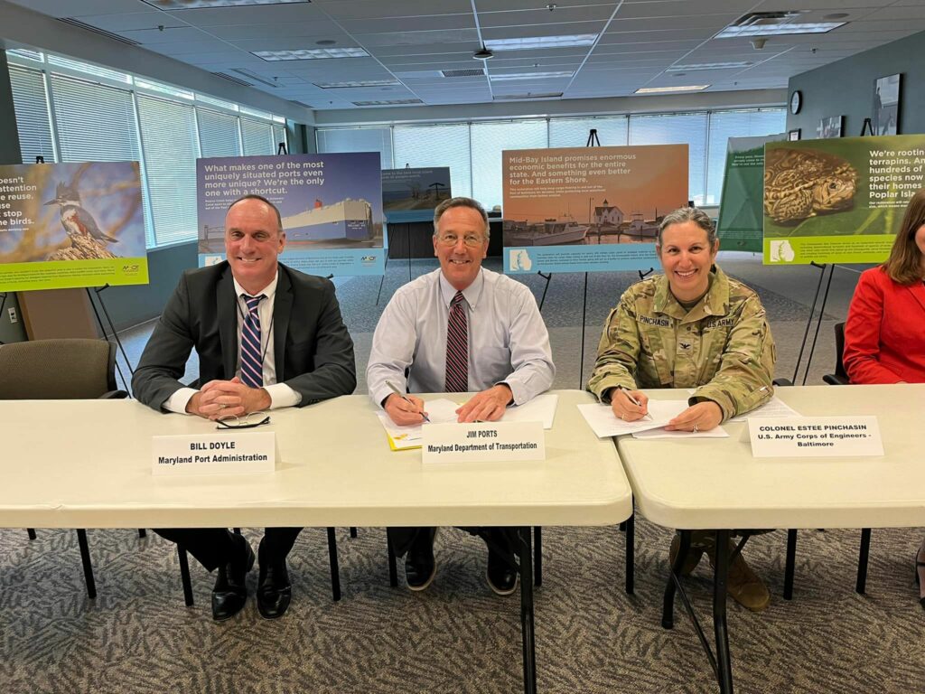 USACE, Baltimore District, Commander Col. Estee S. Pinchasin signs a Project Partnership Agreement with Maryland Department of Transportation Secretary James F. Ports Jr. for the $4 billion Mid-Chesapeake Bay ecosystem restoration project at MDOT headquarters, Aug. 23, 2022.
