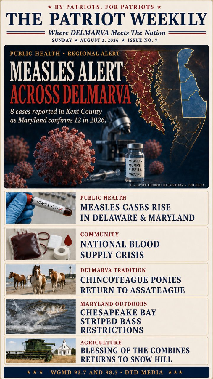 Phone cover of The Patriot Weekly for August 2, 2026, led by Measles Alert Across Delmarva.