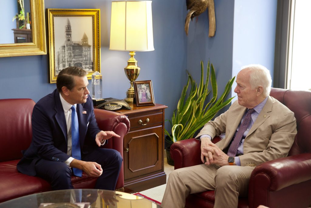Acting Attorney General Todd Blanche, left, meets with Senator John Cornyn in Cornyn's Senate office.