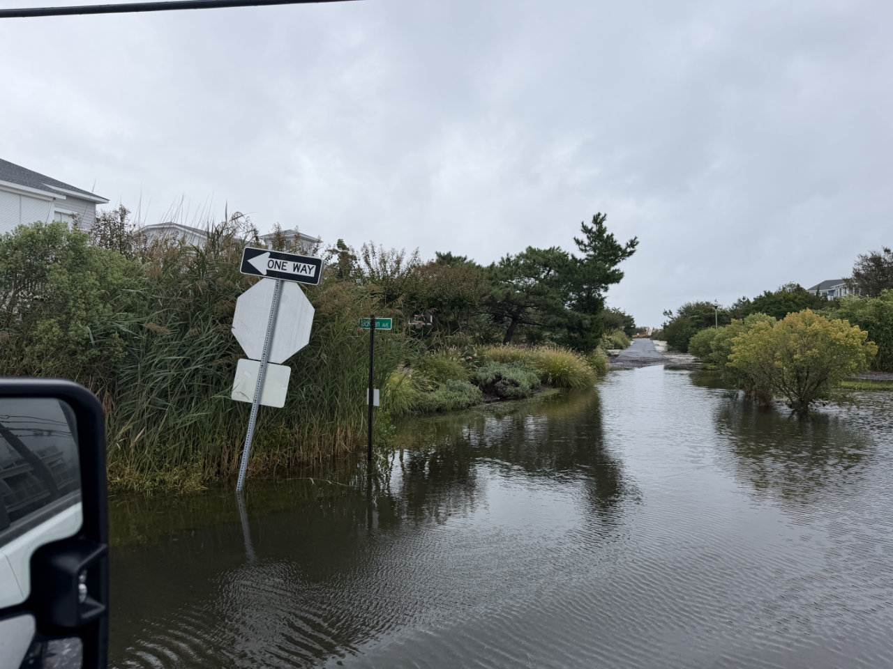 Floodwater covering a residential street between Bethany Beach and Dewey Beach, Delaware