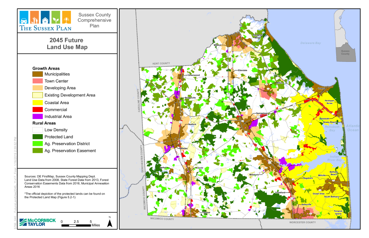 Sussex County 2045 Future Land Use Map showing Growth Areas and Rural Areas across the county.