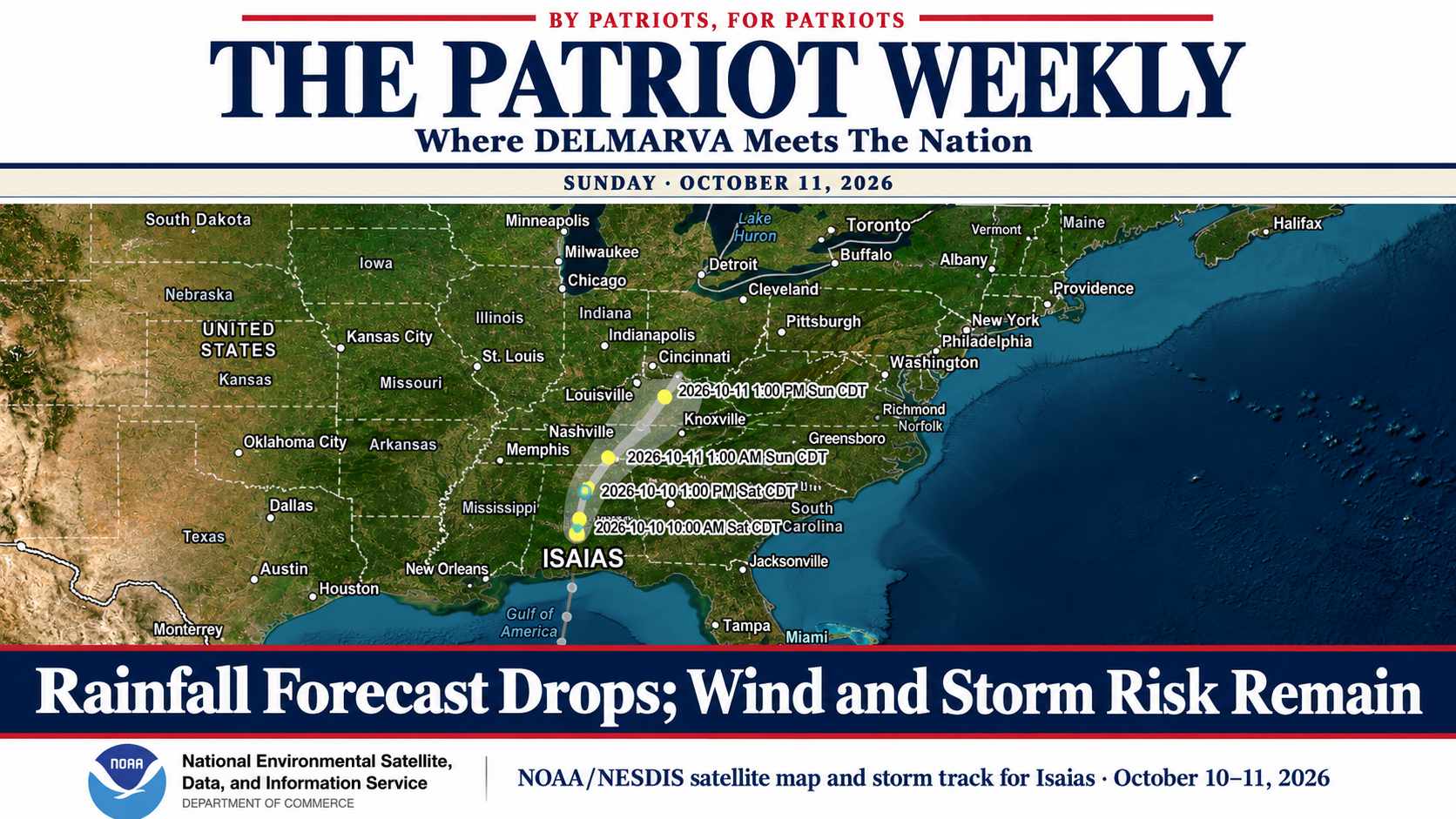 The Patriot Weekly cover for October 11, 2026, featuring a NOAA NESDIS satellite map and storm track for Isaias and the headline Rainfall Forecast Drops; Wind and Storm Risk Remain