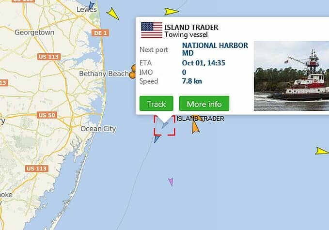 This is the 5:45am location of the tow boat Island Trader