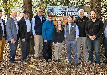 Members of the Delaware General Assembly, Sussex County Council, Delmarva Veteran Builders, GWWO and DNREC Secretary Gregory Patterson and the Division of Parks and Recreation celebrate the start of the Cypress Splash Zone at Trap Pond State Park / Photo by Delaware State Parks 