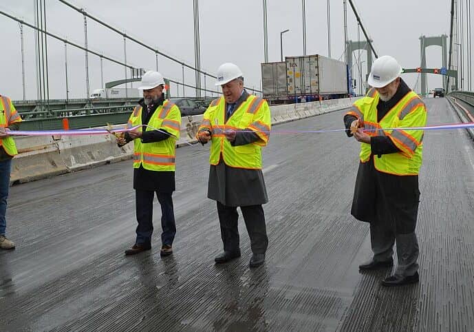 (left to right) Brian Einstein, UHPC Solutions North America; Gilbert Brindley, Director of UHPC Solutions North America; Thomas J. Cook, DRBA Executive Director; Vincent Meconi, DRBA Chief Operations Officer; Abate Tewelbe, WSP Project Manage; and Shekhar Scindia, DRBA Senior Project Engineer / Image courtesy DRBA