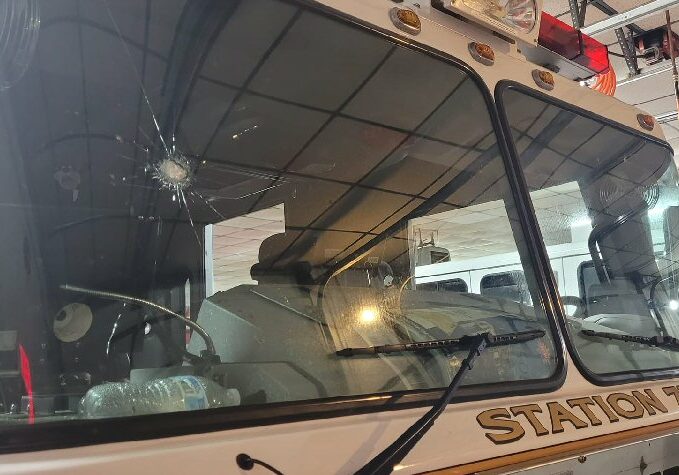 Ellendale truck damaged by rock throwers while responding to call in Greenwood Monday night / Image courtesy Ellendale VFC