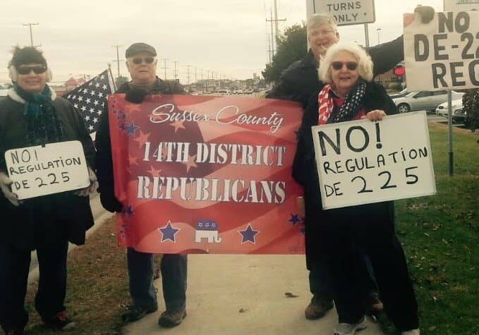 Protesting Regulation 225 last November on Route 1. / Laurie Purdy, Bill Gorton, Hylton Phillips- Page, Sandra Fennell and Kathy Phillips-Page- photographer