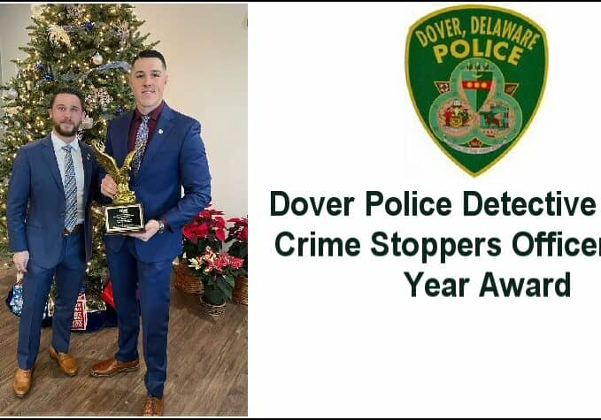 Detective Spicer (right) receives the Robert J. Seinsoth Memorial Award from Delaware Crime Stoppers Executive Director, Michael Gallagher.  Image courtesy Dover PD / Image courtesy Dover PD