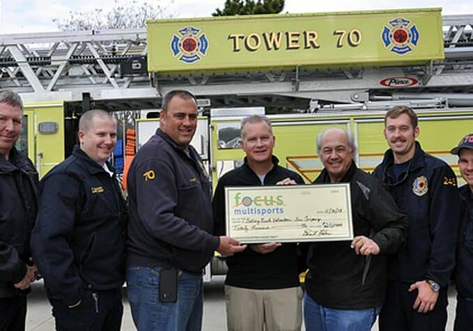 L-R:  Fire Fighter/EMT, Brice Hickman; Assistant Chief of EMS, Phil Brackin; Fire Chief, Brian Martin; Focus Multisports Race Director, Rick Hundley; Focus Multisports Race Director, Ernie Felici; Fire Fighter/EMT, Dillon Baker; Fire Fighter/EMT Richie Walls