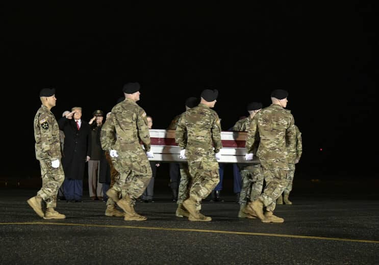 A U.S. Army carry team transfers the remains of Sgt. 1st Class Antonio R. Rodriguez, of Las Cruces, N.M., Feb. 10, 2020 at Dover Air Force Base, Del. Rodriguez was assigned to the 3rd Battalion, 7th Special Forces Group (Airborne), Eglin Air Force Base, Fla. (U.S. Air Force Photo by Senior Airman Eric M. Fisher)