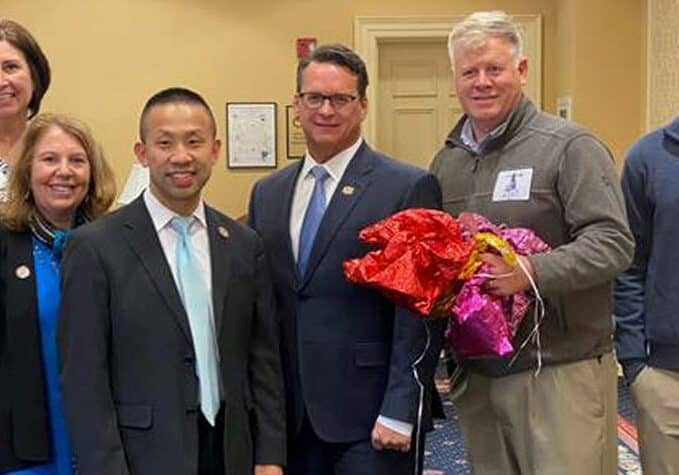 Testifying in strong support of legislation to prohibit the release of balloons into the atmosphere (l to r): Ocean Pines Chamber of Commerce Executive Director Kerrie Jones Bunting; Senator Mary Beth Carozza; Senator Clarence Lam (Howard and Baltimore County); Senator Steve Hershey (Queen Anne’s County); Queen Anne’s Conservation Association Executive Director Jay Falstad; and Kyle Bunting.