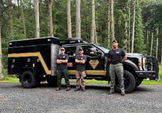 Newly built E-613 Type 6 Wildland Fire Engine and crew:  Sam Topper (ENGB; Engine Boss), Aiden Binko, and Tom Hairgrove (FFT2; Fire Fighter Type 2) 