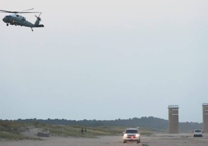 Biden's helicopter lands at Gordon's Pond. Image courtesy WGMD/Alan Henney

