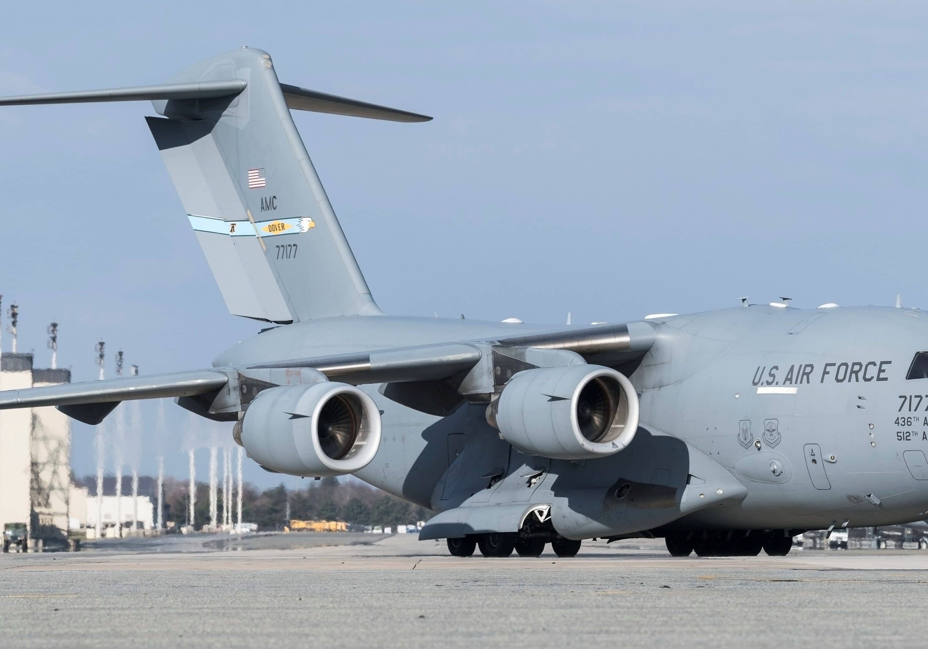 A C-17A Globemaster III taxis down the flight line prior to takeoff Jan. 9, 2019 at Dover Air Force Base, Del. Thirteen C-17As are assigned to Dover AFB. (U.S. Air Force photo by Roland Balik)