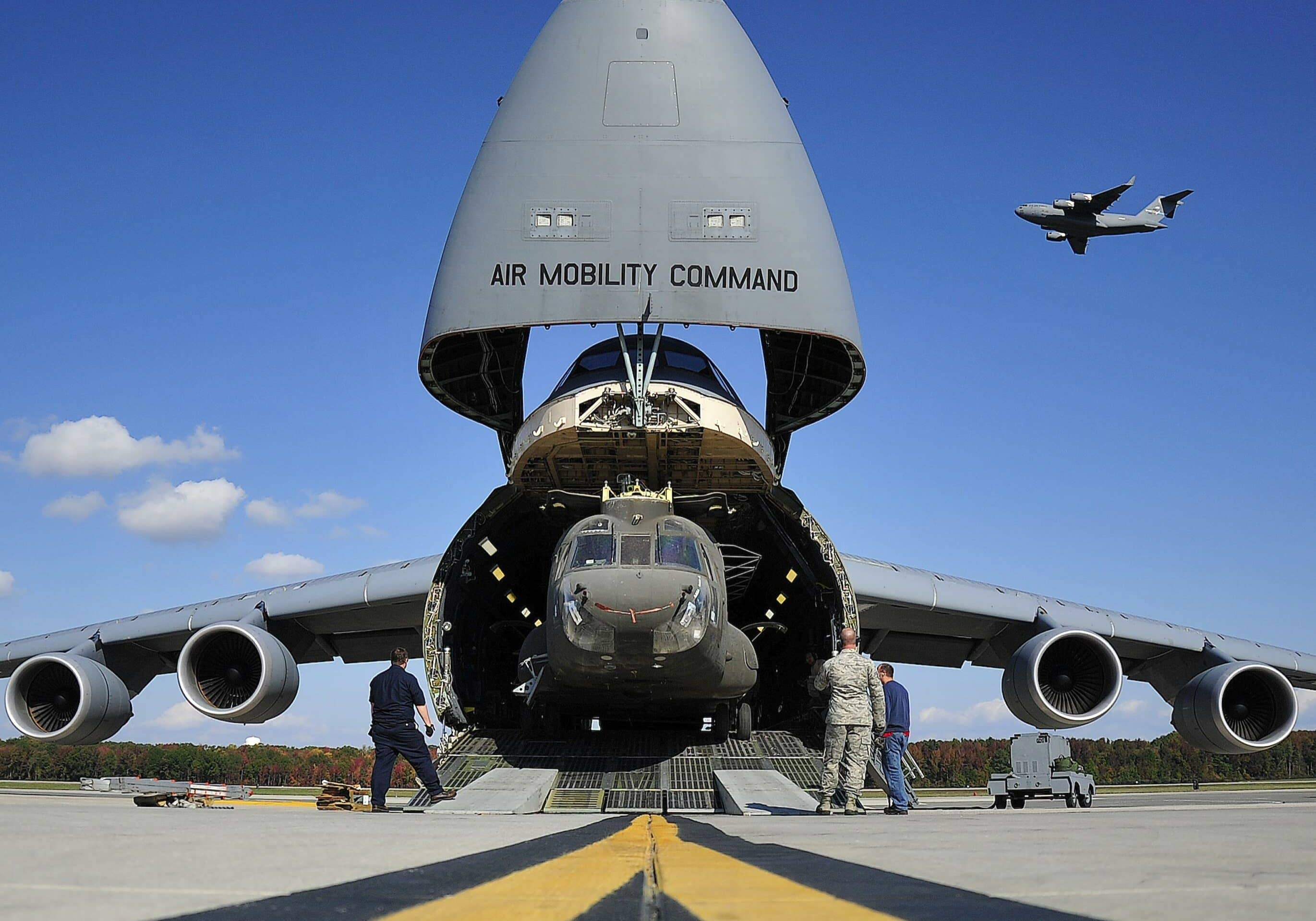 The C-5M Super Galaxy is a strategic transport aircraft and is the largest aircraft in the Air Force inventory. Its primary mission is to transport cargo and personnel for the Department of Defense. The C-5M is a modernized version of the legacy C-5 designed and manufactured by Lockheed Martin. Currently the U.S. Air Force owns and operates 52 C-5B/C/M. They are stationed at Dover AFB, Delaware; Travis AFB, California; Lackland AFB, Texas; and Westover Air Reserve Base, Massachusetts.  (U.S. Air Force photo)