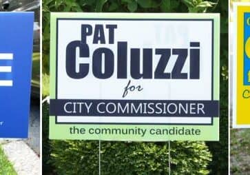 2018 campaign signs for commissioner candidates Richard Byrne, Pat Coluzzi and Gary Glass. Image courtesy WGMD/Alan Henney.