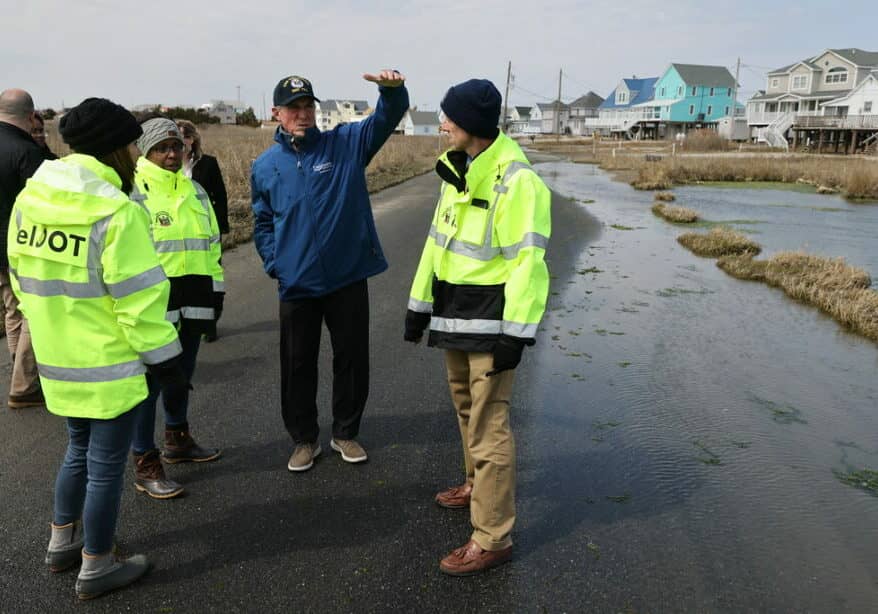 Governor John Carney and DelDOT Secretary Nicole Majeski spoke in South Bowers Beach Wednesday (photo courtesy of the office of Gov. John Carney)