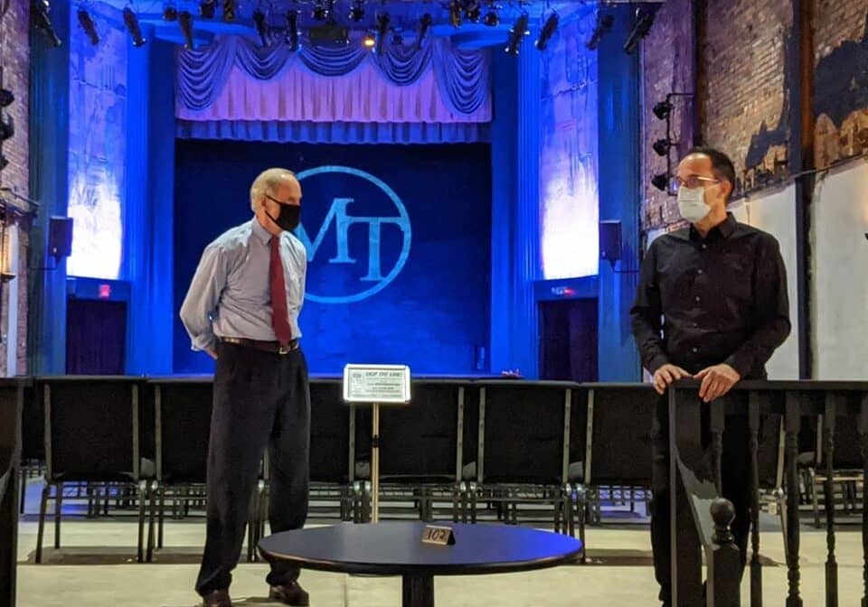 Sen. Tom Carper, left,, joins Milton Theatre Director Fred Munzert Monday in Milton (photo courtesy: Milton Theatre)