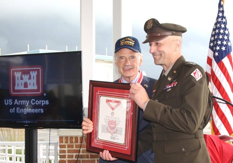 REHOBOTH BEACH, Del. — U.S. Senator Tom Carper (D-Del.), Chairman of the Senate Environment and Public Works (EPW) Committee, today received the Gold de Fleury Medal for his work to support the mission of the U.S. Army Corps of Engineers (Corps). Commanding General Scott Spellmon presented the award to Carper at a ceremony that included remarks from Corps officials, U.S. Congresswoman Lisa Blunt Rochester (D-Del.), and Delaware Lt. Governor Bethany Hall-Long. Image courtesy WGMD/Alan Henney