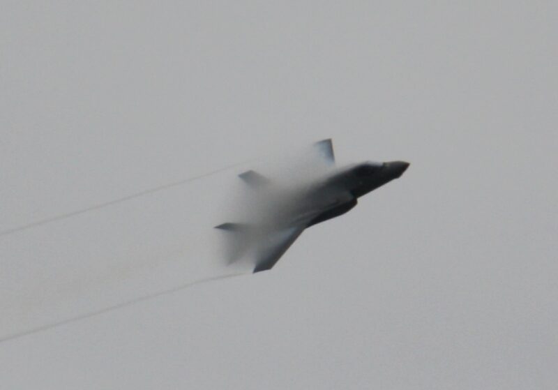 Water vapor is seen condensing as the F-35A bolts across the sky. 

Image courtesy WGMD/Alan Henney