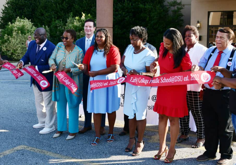 (L-r) University President Tony Allen, ECS Board President Dr. Marsha Horton, ECS Head of School Dr. Evelyn Edney, Associate Principal Dr. Dara Savage, Principal Nyia McCants and Dover Mayor Robin Christensen cut the ribbon to launch the Early College Middle School. Photo courtesy of Delaware State University