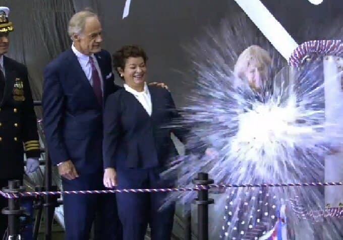 l-r:  Commander Brian P. Hogan, Commanding Officer, USS Delaware, US Senator, Tom Carper, Ms. Jennifer Boykin, President, Newport News Shipbuilding, Dr. Jill Biden, sponsor of the USS Delaware 
Photo credit:  Huntington Ingalls Industries, provider of the livestream