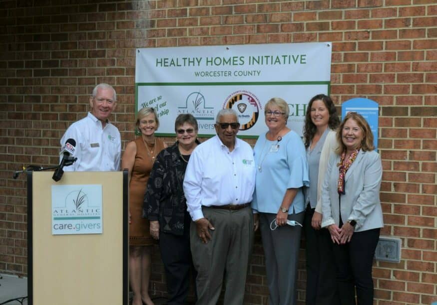 (left to right) Don Taylor, executive director of Chesapeake Housing Mission; Sally Dowling, MD, co-interim president and CEO of Atlantic General Hospital; Peggy Bradford and Vernon Rivers, CHM board members; Kim Justice, co-interim president and CEO of Atlantic General Hospital; Tracey Age, Worcester County Health Department program manager for adult services; and Maryland State Senator Mary Beth Carozza.