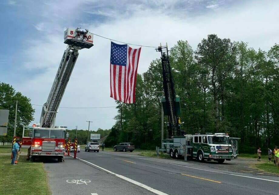 The Harrington Fire Company honored slain Delmar Police Corporal Keith Heacook during Sunday's procession. Photo courtesy of Harrington FC Facebook page