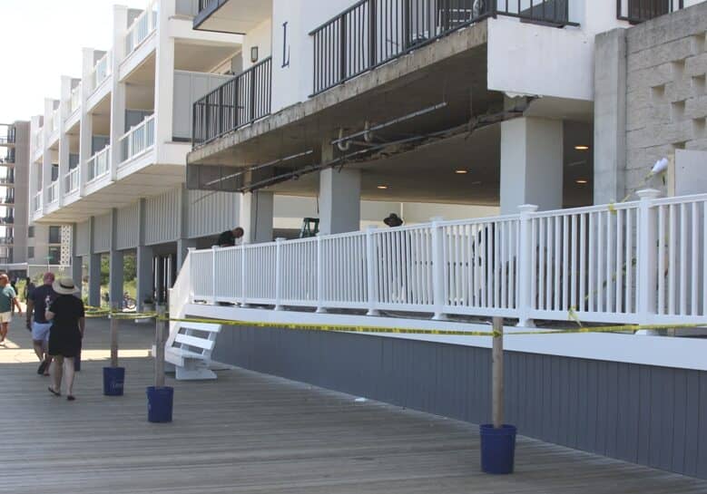 The soffit gave way at the Henlopen Hotel on July 4th. Image courtesy WGMD/Alan Henney.