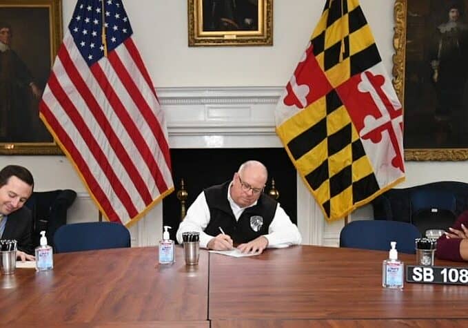 Senate President Bill Ferguson, Gov Larry Hogan, House Speaker Adrienne Jones
