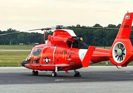 Two Coast Guard helicopters from Air Station Atlantic City were on the tarmac at the airport in Georgetown. Image courtesy WGMD/Walt Palmer