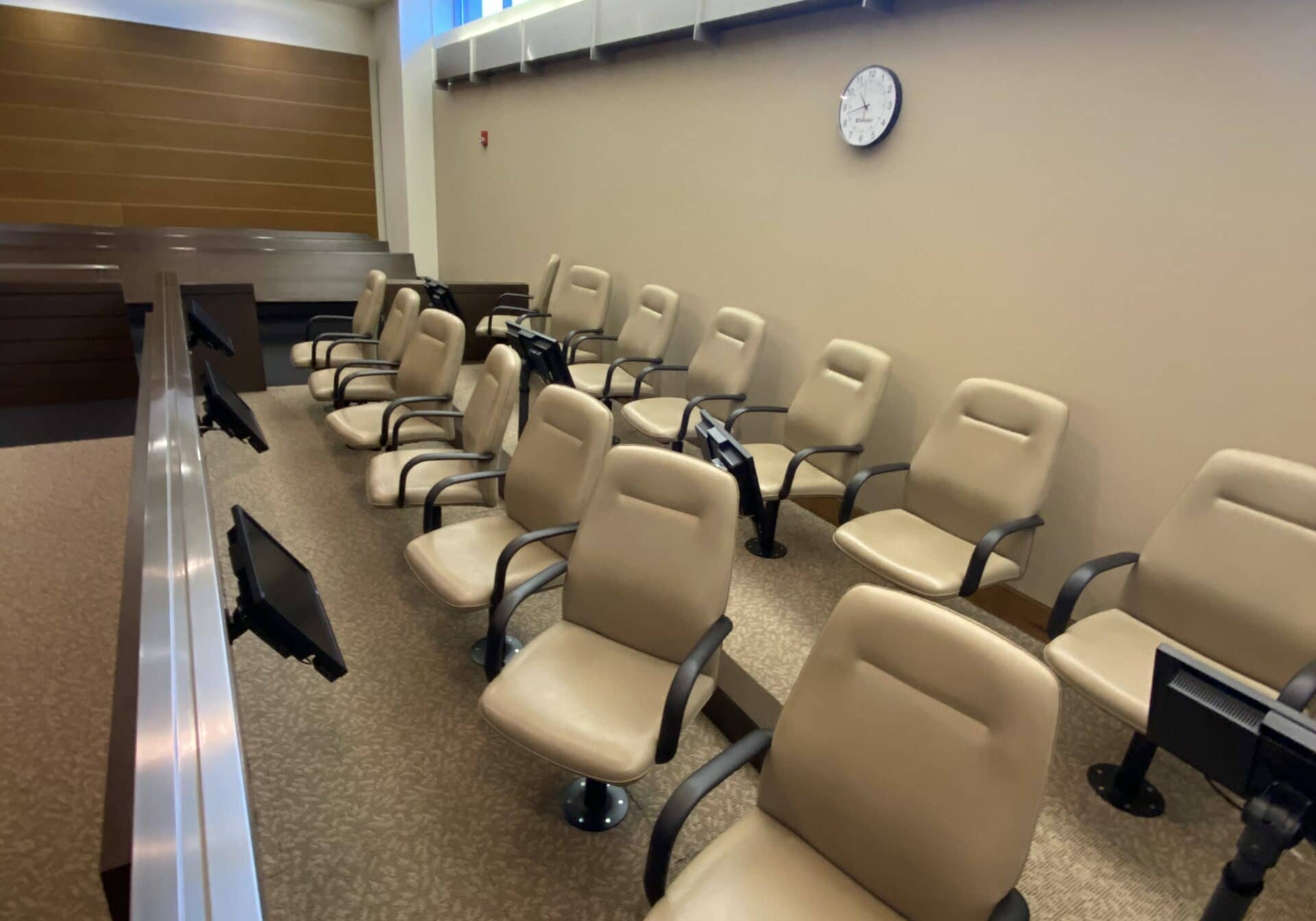 A jury box at the New Castle County Court House in Wilmington (photo courtesy, Delaware Judiciary)